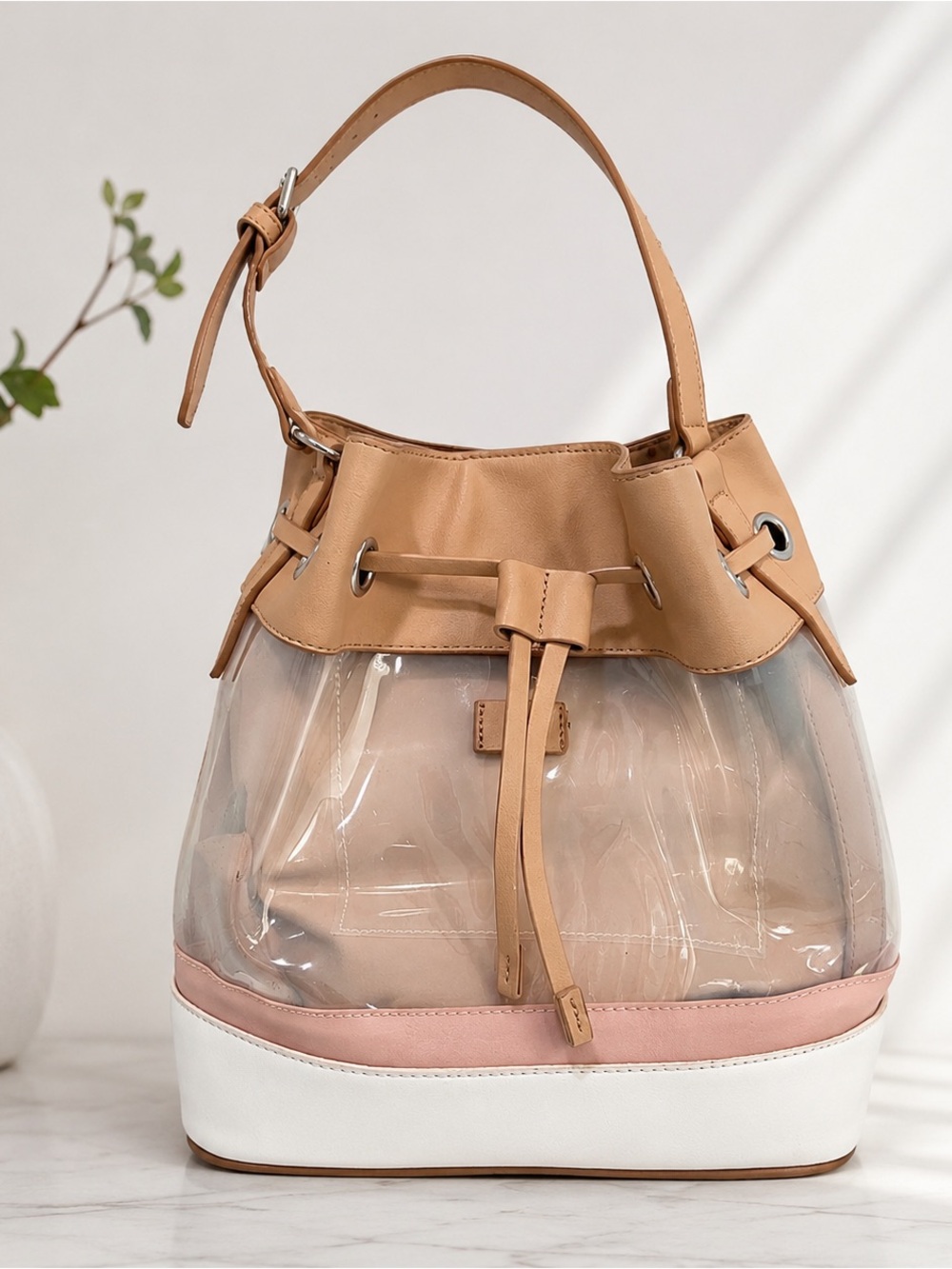 Parfois Two Piece Nude & Blush Clear Bucket Bag w/ Removable Zip Pouch